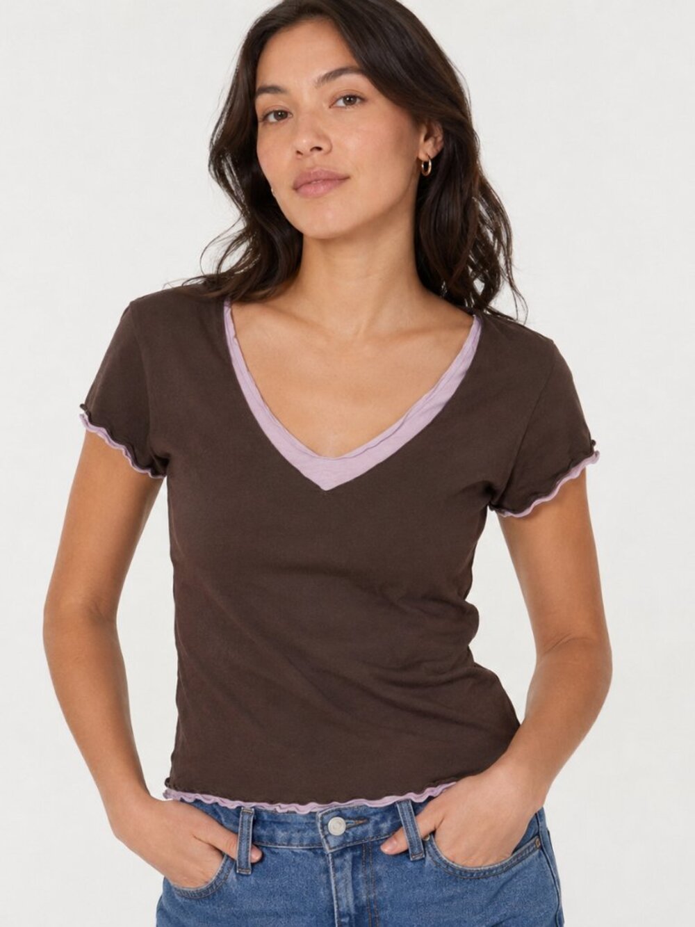 Vintage Old Navy Y2K Brown and Pink Layered V-Neck in Size XXL 100% Cotton